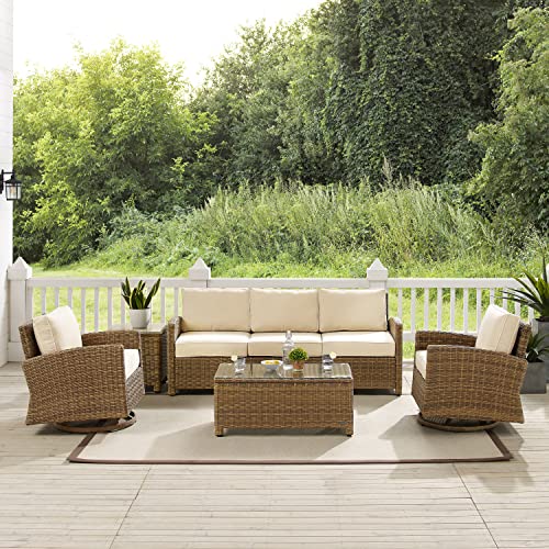 Crosley Furniture Bradenton 5-Piece Wicker Outdoor Sofa and Swivel Rocker Patio Furniture Set for Porch, Brown with Sand Cushions