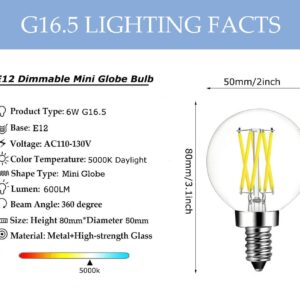 Dimmable E12 Candelabra Base led Edison Bulb, G16.5 Mini Globe Bulb 6W Daylight 5000K 60Watt Equivalent 600lm for Chandeliers,Ceiling Fan and Vanity, 5 Pack