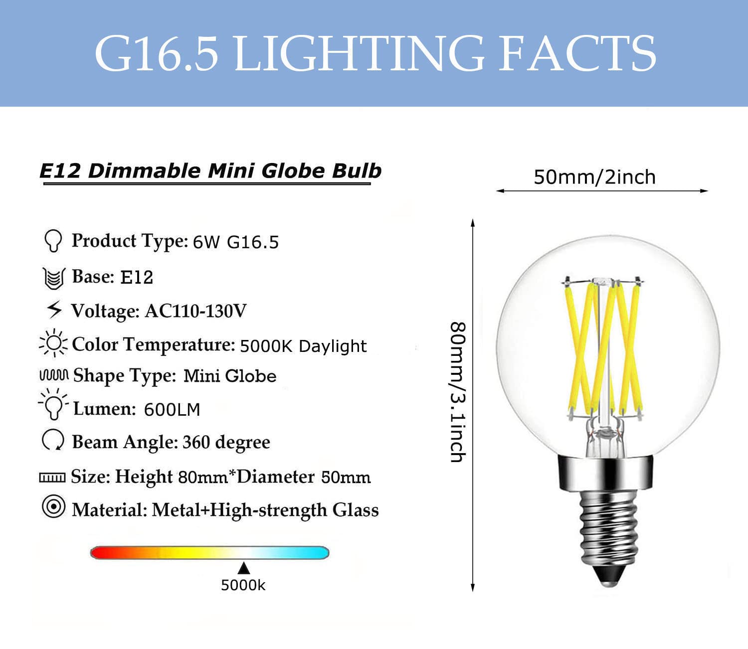 Dimmable E12 Candelabra Base led Edison Bulb, G16.5 Mini Globe Bulb 6W Daylight 5000K 60Watt Equivalent 600lm for Chandeliers,Ceiling Fan and Vanity, 5 Pack