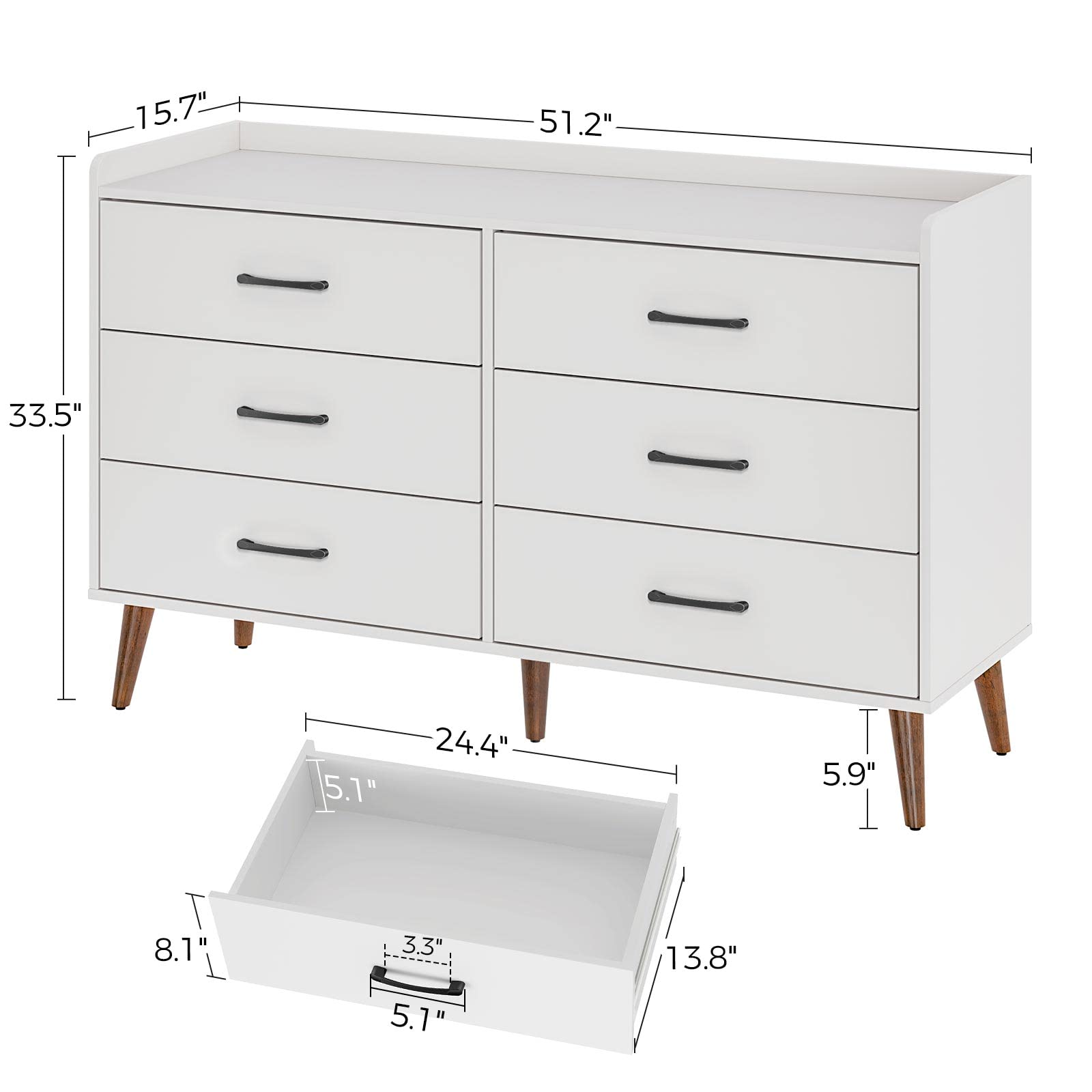 Rolanstar Drawer Dresser Quick Install, 6 Wooden Drawers Storage Dresser with Set of 4 Foldable Drawer Dividers, Modern Chest of Drawer with Anti-Tipping Device, Bedroom, Living Room, White