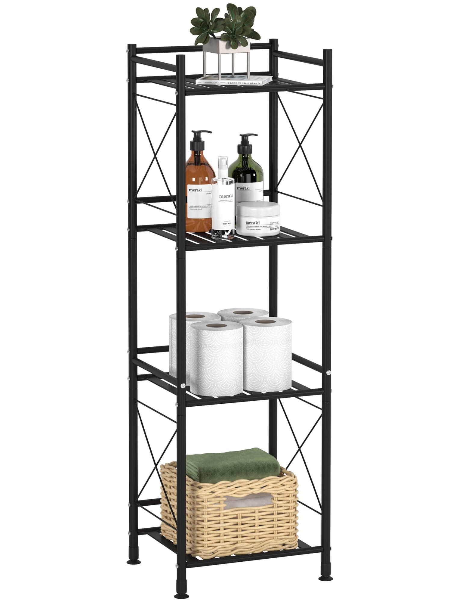 TZAMLI 4 Tier Shelving Unit, Narrow Bathroom Storage Shelves, Metal Heavy Duty Storage Rack Standing Shelf for Small Space Kitchen Balcony Office, Matte Black