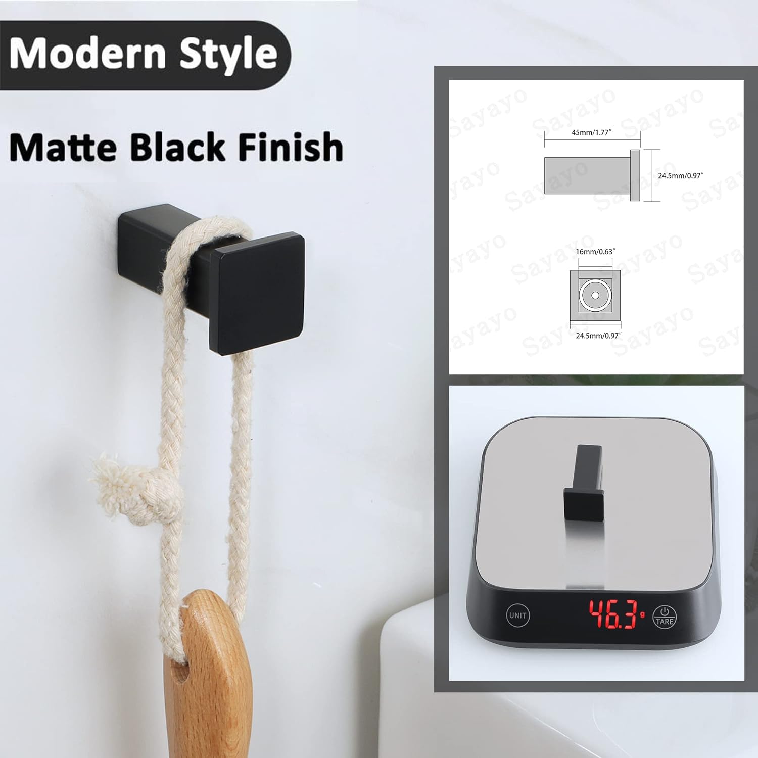 SAYAYO Modern Black Coat Hooks for Wall, Robe Hooks Towel Holder for Bathrooms, Heavy Duty Wall Hooks for Hanging SUS 304 Stainless Steel, 4 Pcs