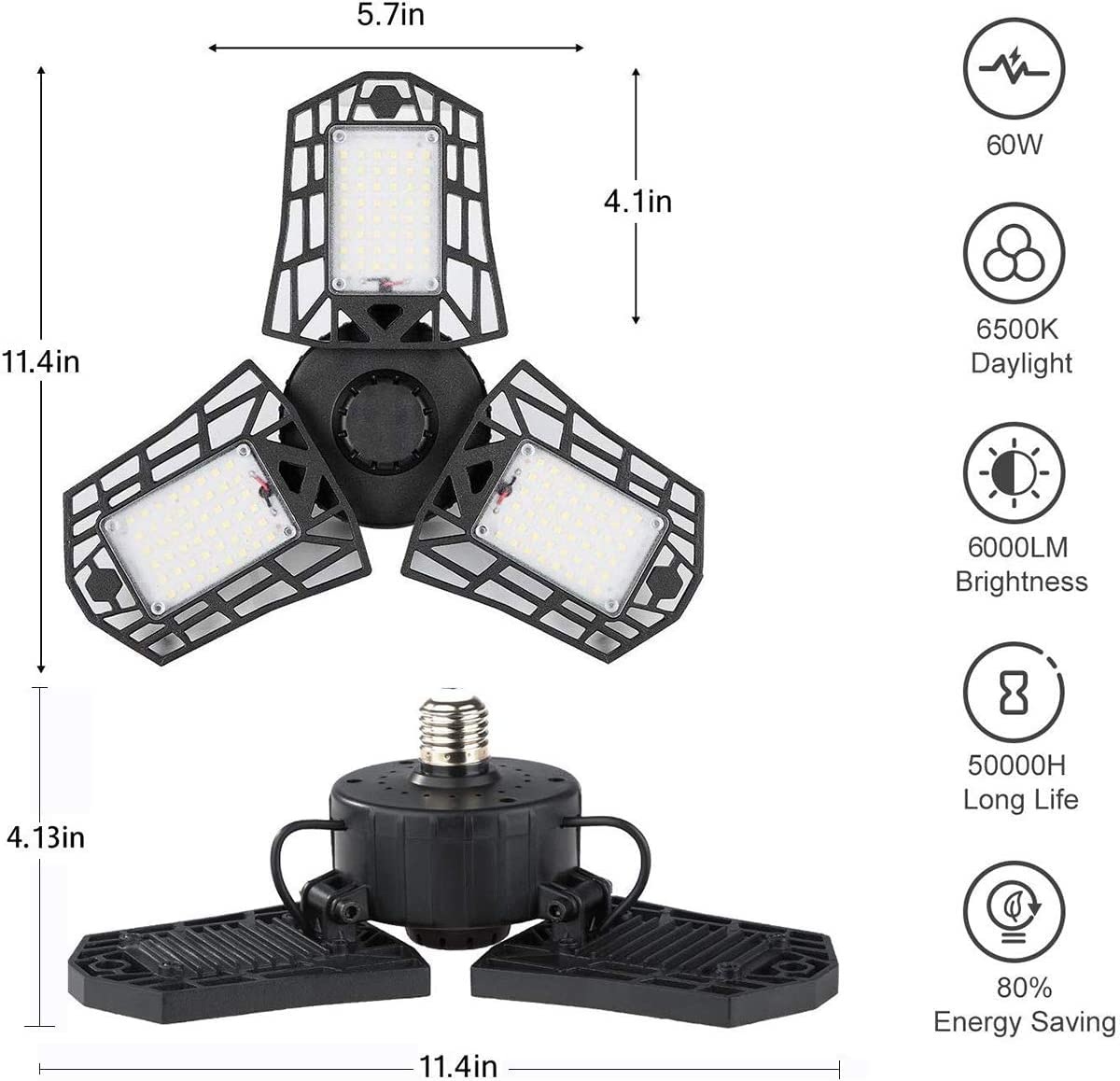 LED Garage Light - 6000 Lumen 2800K Warm White 60W, Three Leaf Led Garage Ceiling Lights -1 Pack