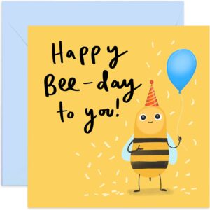 old english co. happy bee-day birthday card - fun cute bee card for adults and children | funny pun birthday wishes for him or her | blank inside & envelope included