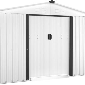 Crownland Outdoor Vented Backyard Garden Storage Shed 6 x 8 Feet Tool House with Sliding Door Outdoor Lawn Steel Roof Sheds (White), 6x8FT