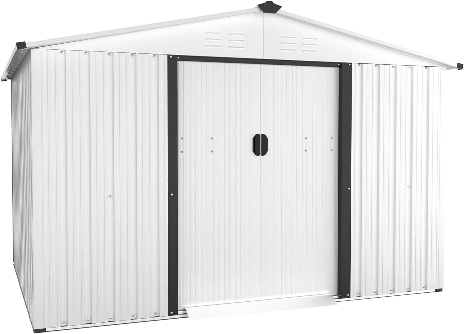 Crownland Outdoor Vented Backyard Garden Storage Shed 6 x 8 Feet Tool House with Sliding Door Outdoor Lawn Steel Roof Sheds (White), 6x8FT