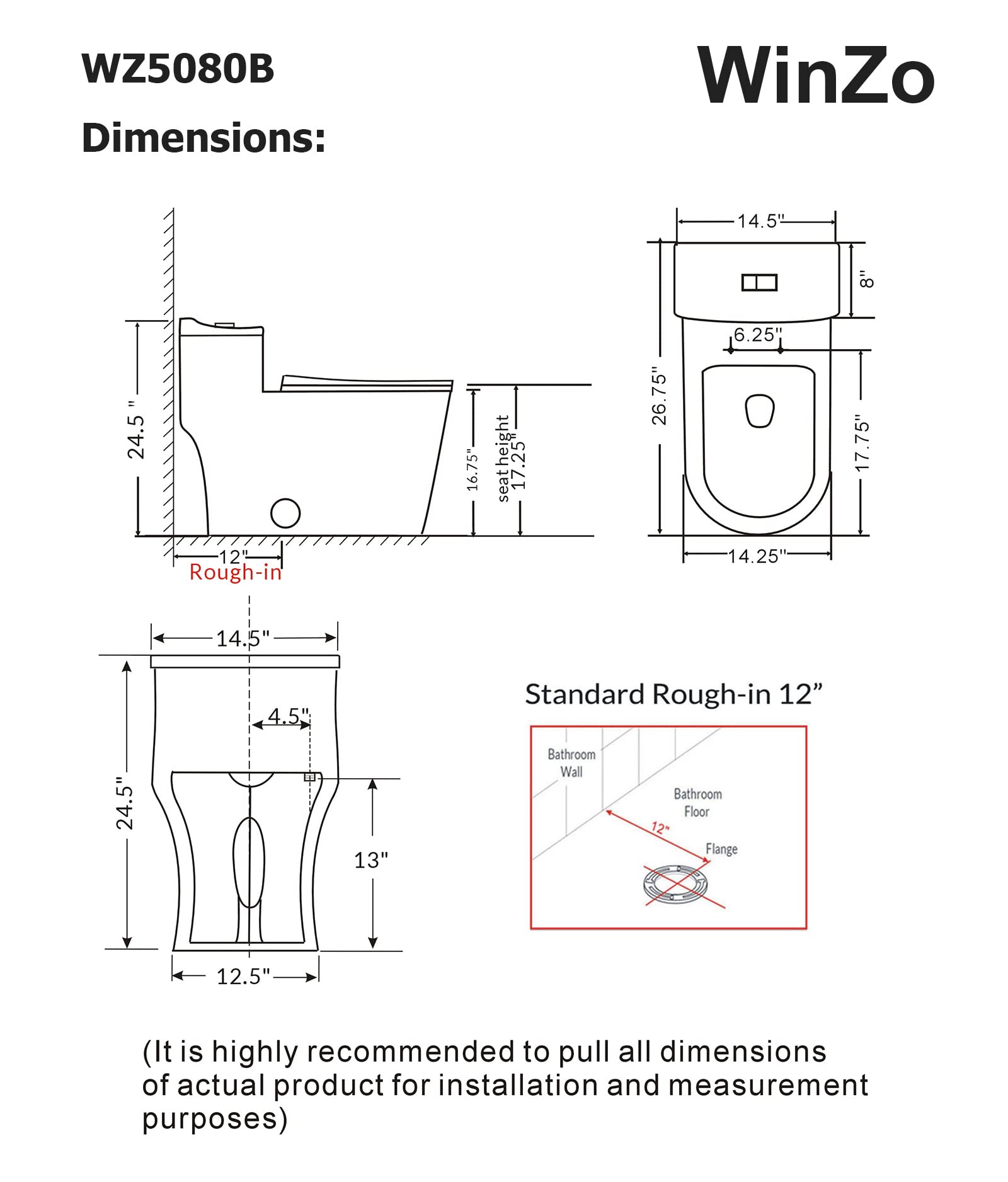 WinZo WZ5080B Modern One Piece Toilet Dual Flush 1.28 GPF Comfortable Elongated Taller Bowl Height 12” Rough-in, Matte Black