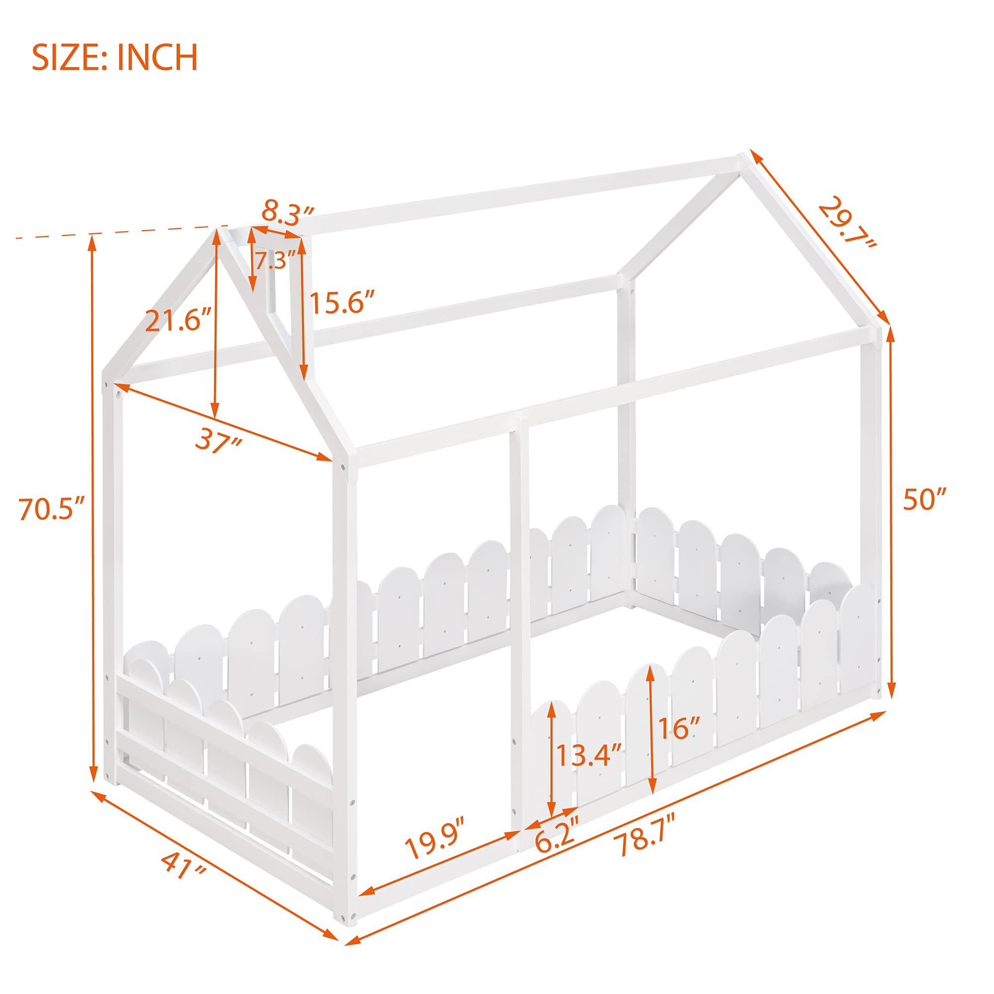 Harper & Bright Designs House Bed Twin Kids Bed Floor Bed Frame with Roof and Fence, Box Spring Needed, for Toddlers, Kids, Teens, Girls, Boys (Twin Size, White)