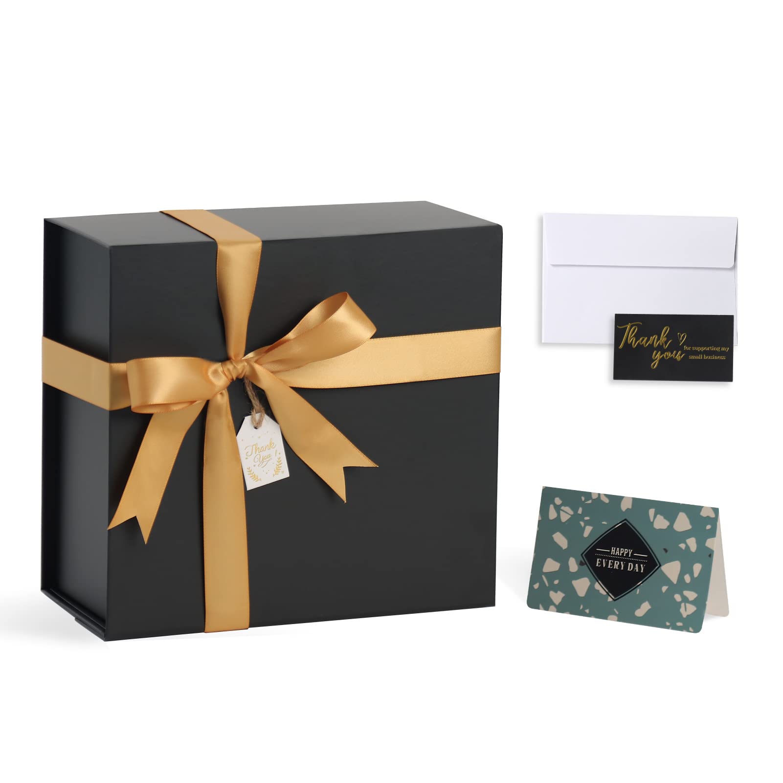 Black Gift Boxes with Lids, 9x7x4 Inches Small Gift Box with Ribbon, Collapsible Gift Boxes with Magnetic Closure for Birthday, Wedding, Bridesmaid Proposal Box Contains Gift Card Ribbon Tag