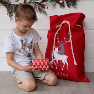 THOVSMOON Christmas Bag Santa Sack with Drawstring Reindeer Red Delivery Design Gift Bag Xmas Presents Large Size 19.5"x27.5"（Red Reindeer）