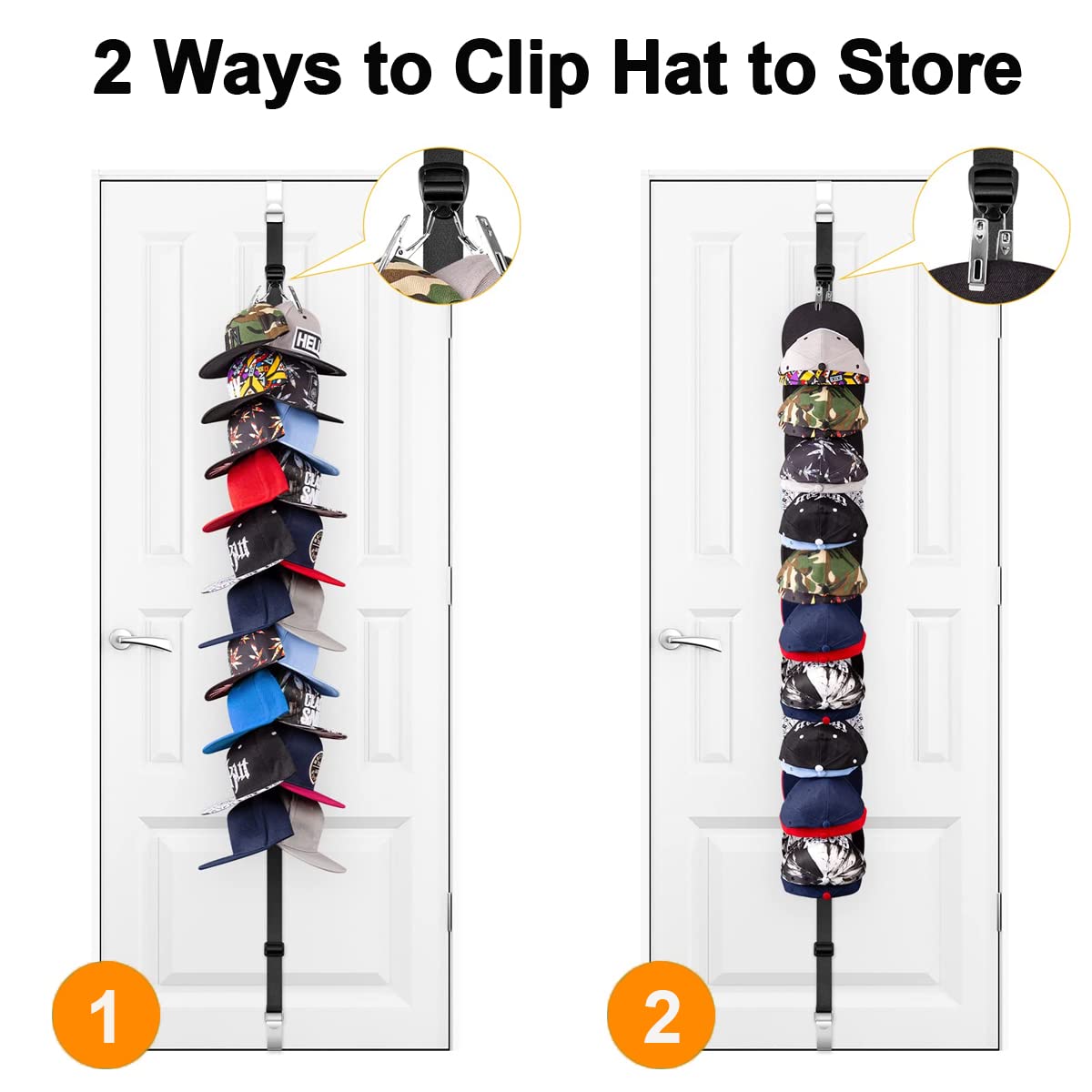 ROTOPATA Over the Door Cap Organizer, Hat Rack for Door Hold up to 20 Baseball Cap, Over Door Adjustable Hat Storage Straps with 20 Clip (Black)