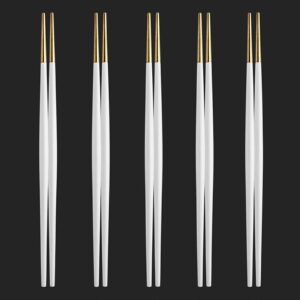 Chanjiso Creative Metal Chopsticks,5 Pairs 304 Stainless Steel Japanese Pointed Sushi Tableware Non Slip Chopsticks Gift… (Five white gold heads)