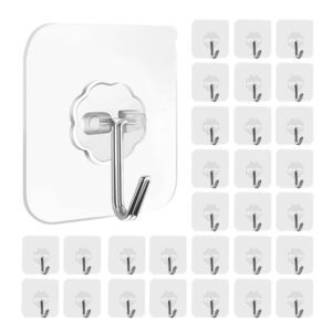 lcsmaokin adhesive wall heavy duty hooks for hanging 33lb(max), transparent reusable waterproof sticky seamless hooks for hanging keys, coats, hats, bags(30 pack)