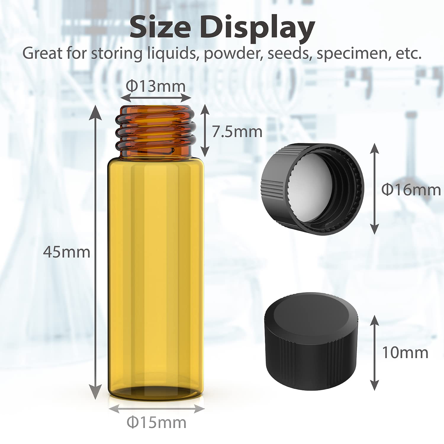 FOUR E'S SCIENTIFIC 100 Pack 4ml Sample Vials, 1 Dram Amber Glass Vials with Black PP Screw Caps, Liquid Storage Glass Thread Bottles, for Lab, Essential Oil, Perfume, Reagents