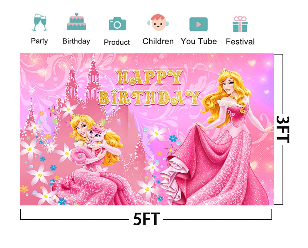 Princess Backdrop for Birthday Party Decorations, Princess Aurora Background for Baby Shower Party Cake Table Decorations Supplies, Sleeping Beauty Theme Banner, 5x3ft