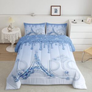 paris comforter set twin size,eiffel tower floral quilt set 2pcs for kids girls women boys room decor,blue white gradient glitter bedding set romantic chic french duvet insert,1 pillowcase