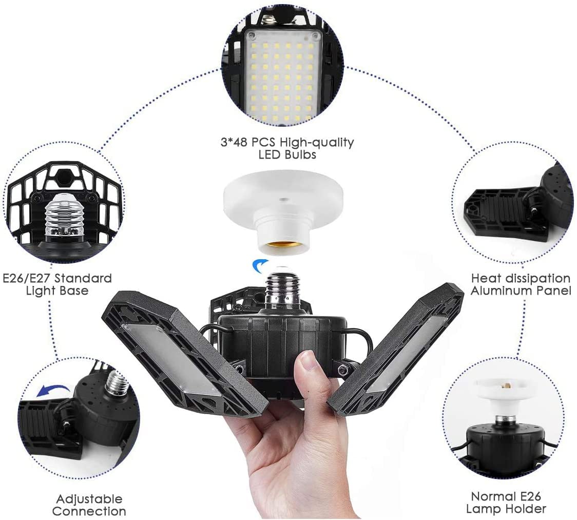 LED Garage Light - 6000 Lumen 2800K Warm White 60W, Three Leaf Led Garage Ceiling Lights -1 Pack