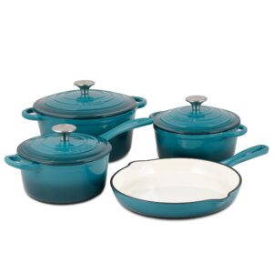 basque enameled cast iron cookware set, 7-piece set (biscay blue), nonstick, oversized handles, oven safe; skillet, saucepan, small dutch oven, large dutch oven, 10.25", 2qt, 2.25qt, 4.75qt