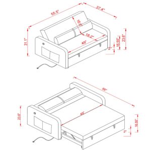 HABITRIO Modern 55.5" Pull Out Sleep Sofa Bed 2 Seater Loveseats Sofa Couch with Adjsutable Backrest,USB Port Charging and 2 Lumbar Pillows for Apartment Office Living Room