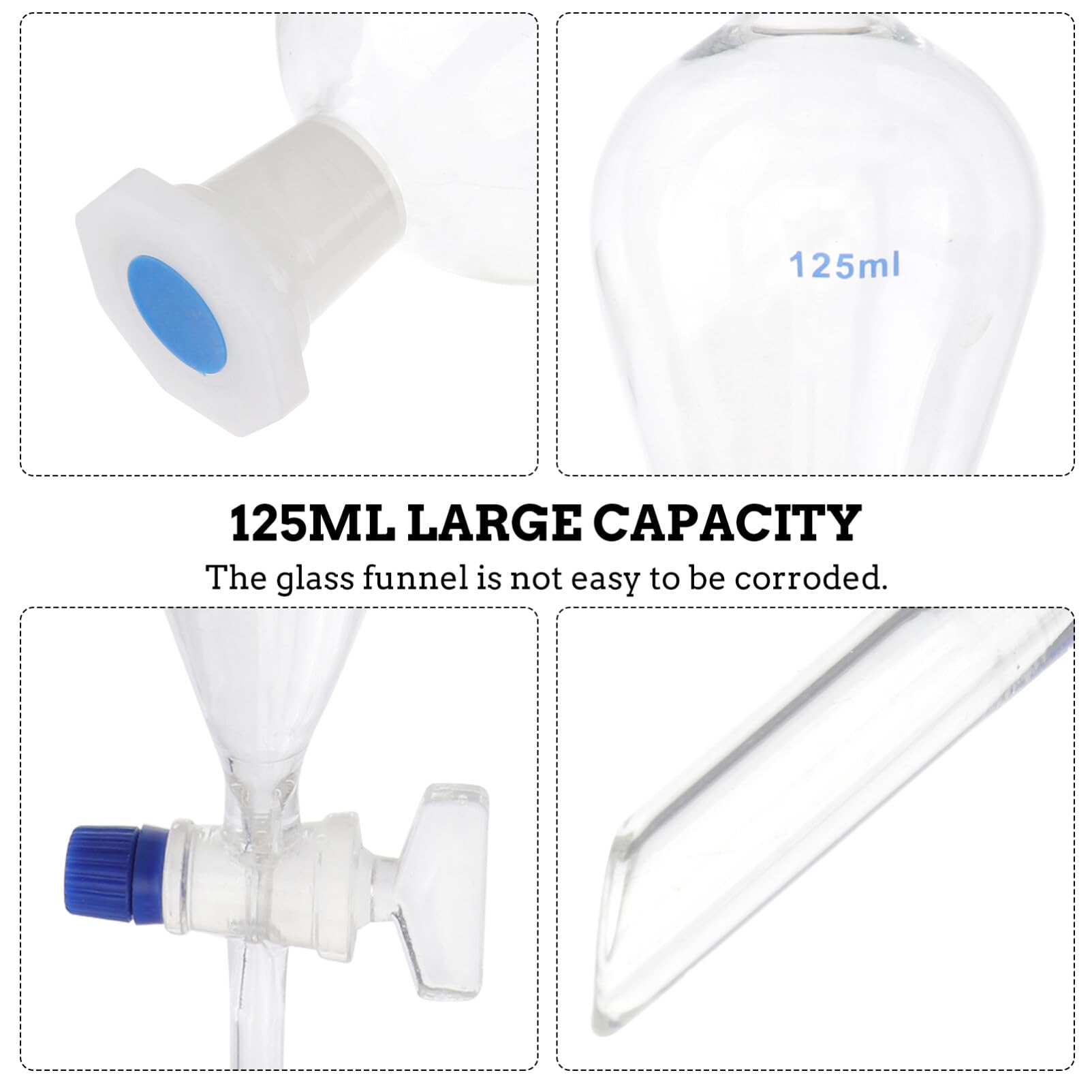 Separatory Funnel Pear Funnels, 125ml Thickened Glass Separating Funnel, Leak-Proof Screw Cap, Stopcock Style and Logo Color Random, Lab Glassware