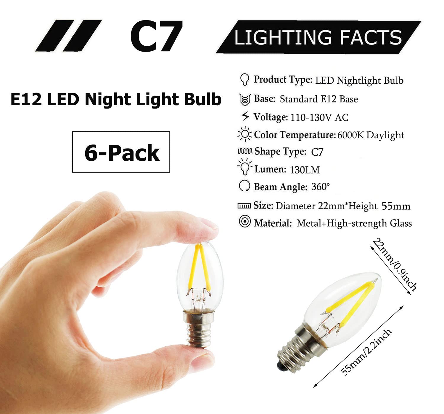 C7 LED Night Light Bulbs,15 Watt LED Night Light Bulb Equivalent,1.5W Led Bulbs, Mini Candelabra E12 Base For Christmas Light String Retro,Himalayan salt lamp, night light lamp,Non-Dimmable 6pack