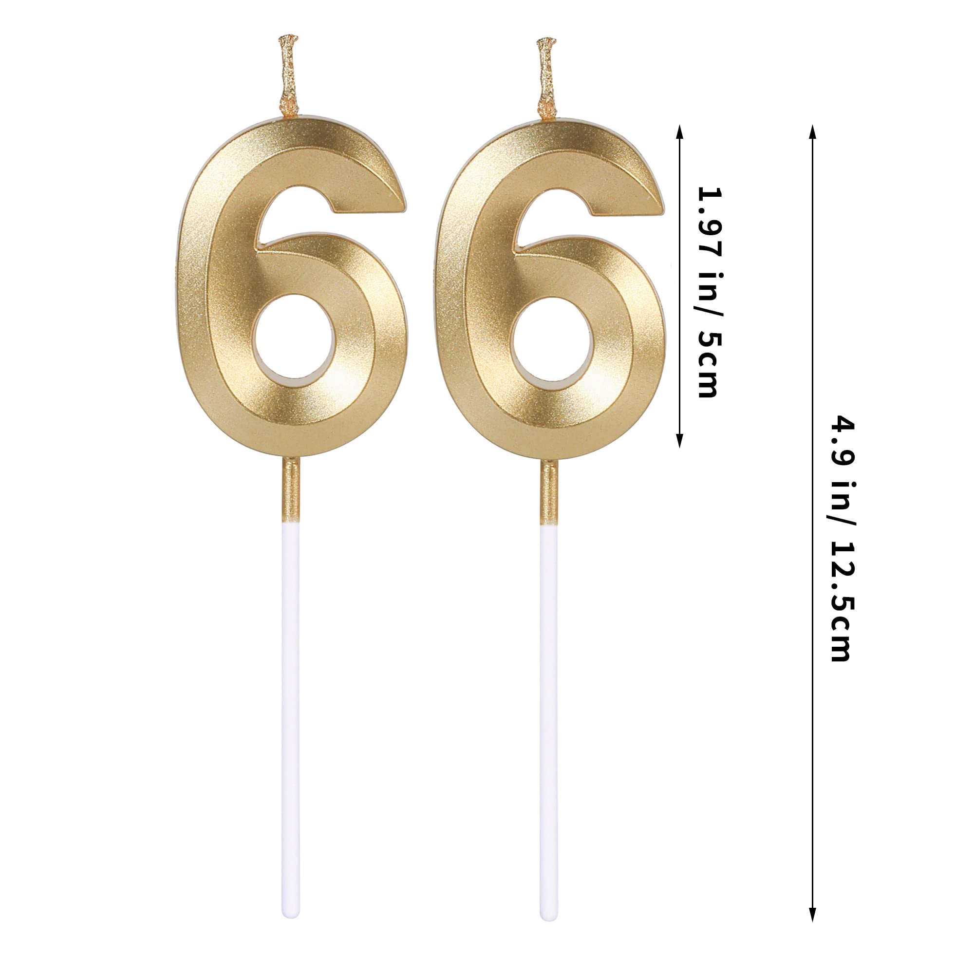 Gold 66th Birthday Candles for Cakes, Number 66 Candle Cake Topper for Party Anniversary Wedding Celebration Decoration