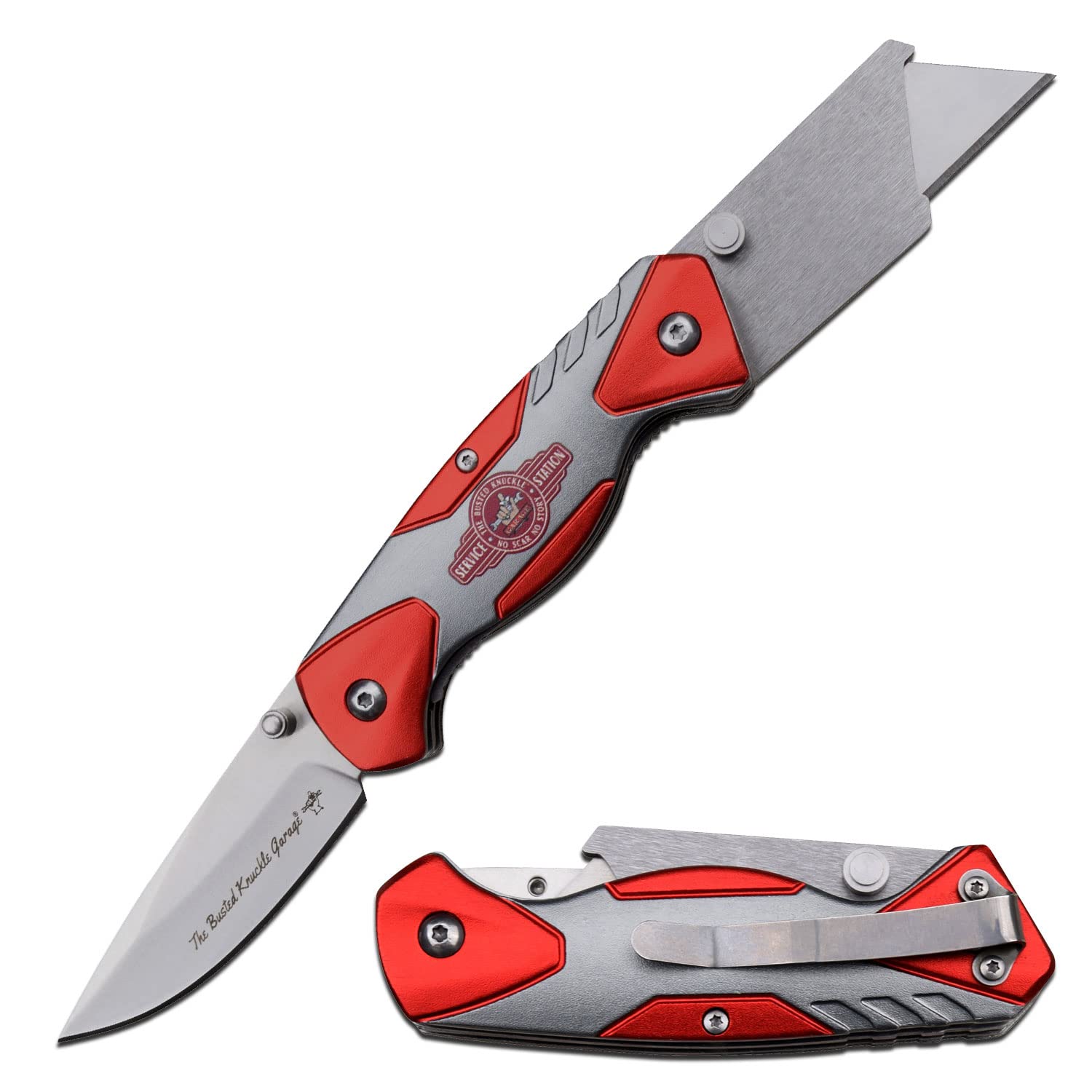 Busted Knuckle Garage - Manual Folding Knife and Multi-Tool - Stainless Steel Blade and Replaceable Razor Blade, Red and Silver Aluminum Handle w/Pocket Clip - BKG-FDR002