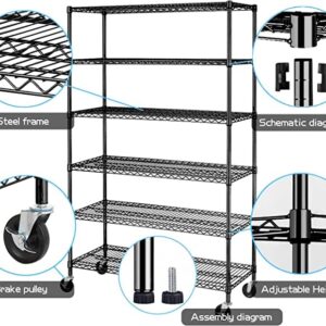 HCB 6-Tier Storage Shelf Heavy Duty Wire Shelving Unit 76"x48"x18" Height Adjustable Metal Steel Wire with Casters for Restaurant Garage Pantry Kitchen Rack (Black)