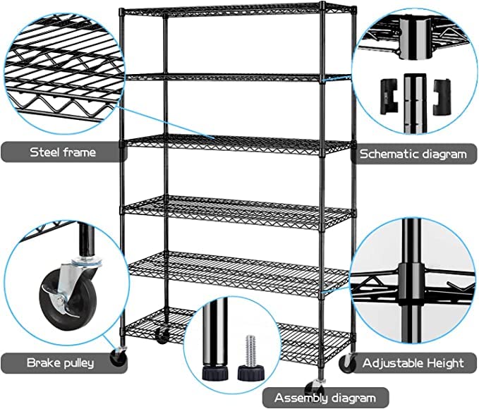 HCB 6-Tier Storage Shelf Heavy Duty Wire Shelving Unit 76"x48"x18" Height Adjustable Metal Steel Wire with Casters for Restaurant Garage Pantry Kitchen Rack (Black)