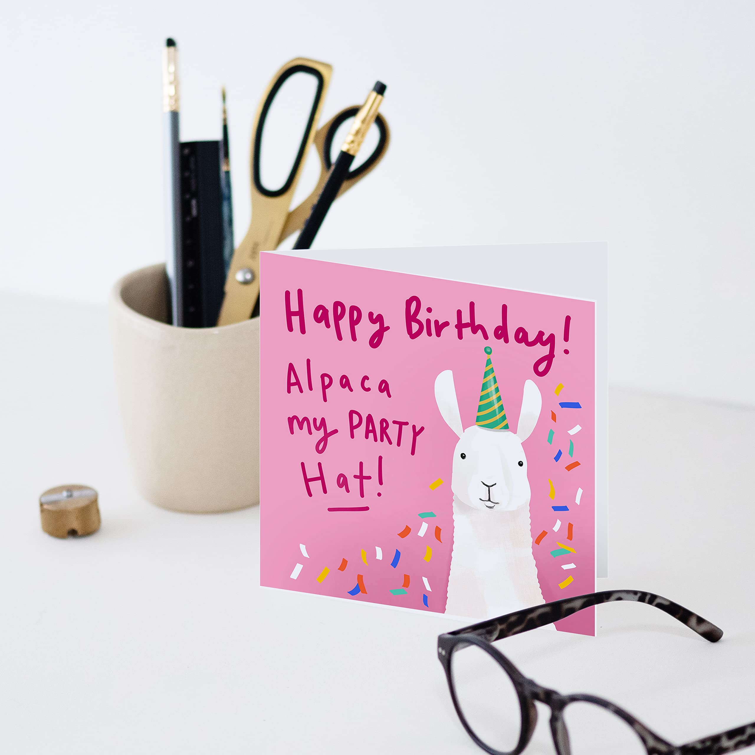 Old English Co. Alpaca My Party Hat Birthday Card - Funny Cute Animal Card for Men and Women | Humour Joke Card for Him or Her | Blank Inside & Envelope Included