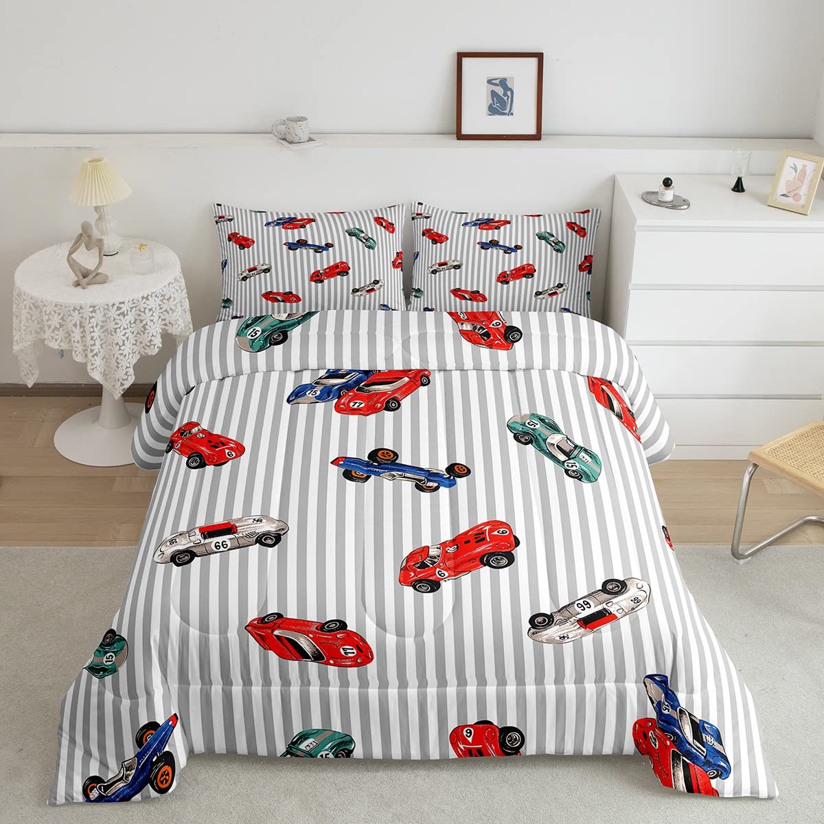 Feelyou Race car Comforter Set Speed Sports Car Bedding Set Racing Car Comforter White Grey Quilted Duvet Set for Kids Boys Girls Microfiber Twin