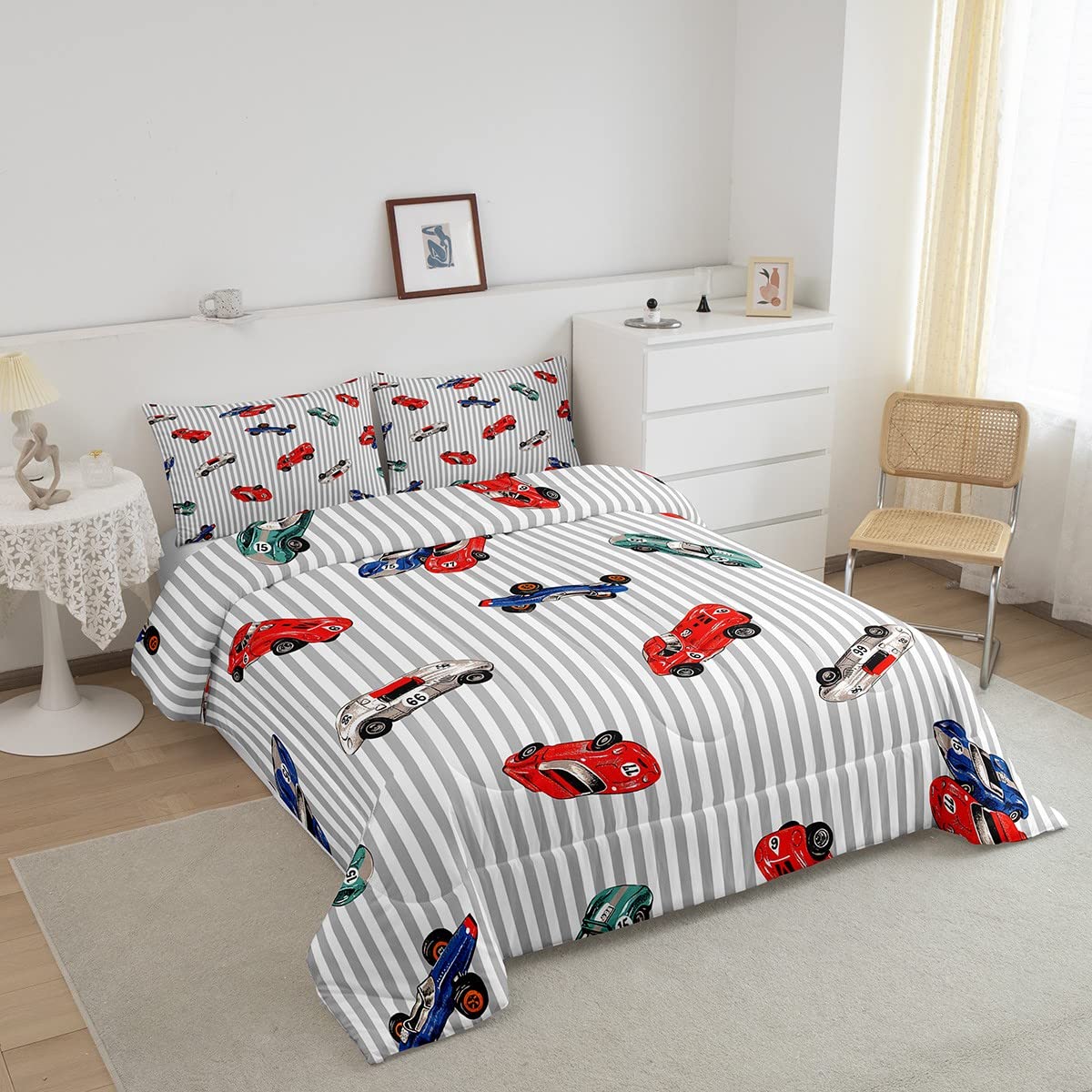 Feelyou Race car Comforter Set Speed Sports Car Bedding Set Racing Car Comforter White Grey Quilted Duvet Set for Kids Boys Girls Microfiber Twin