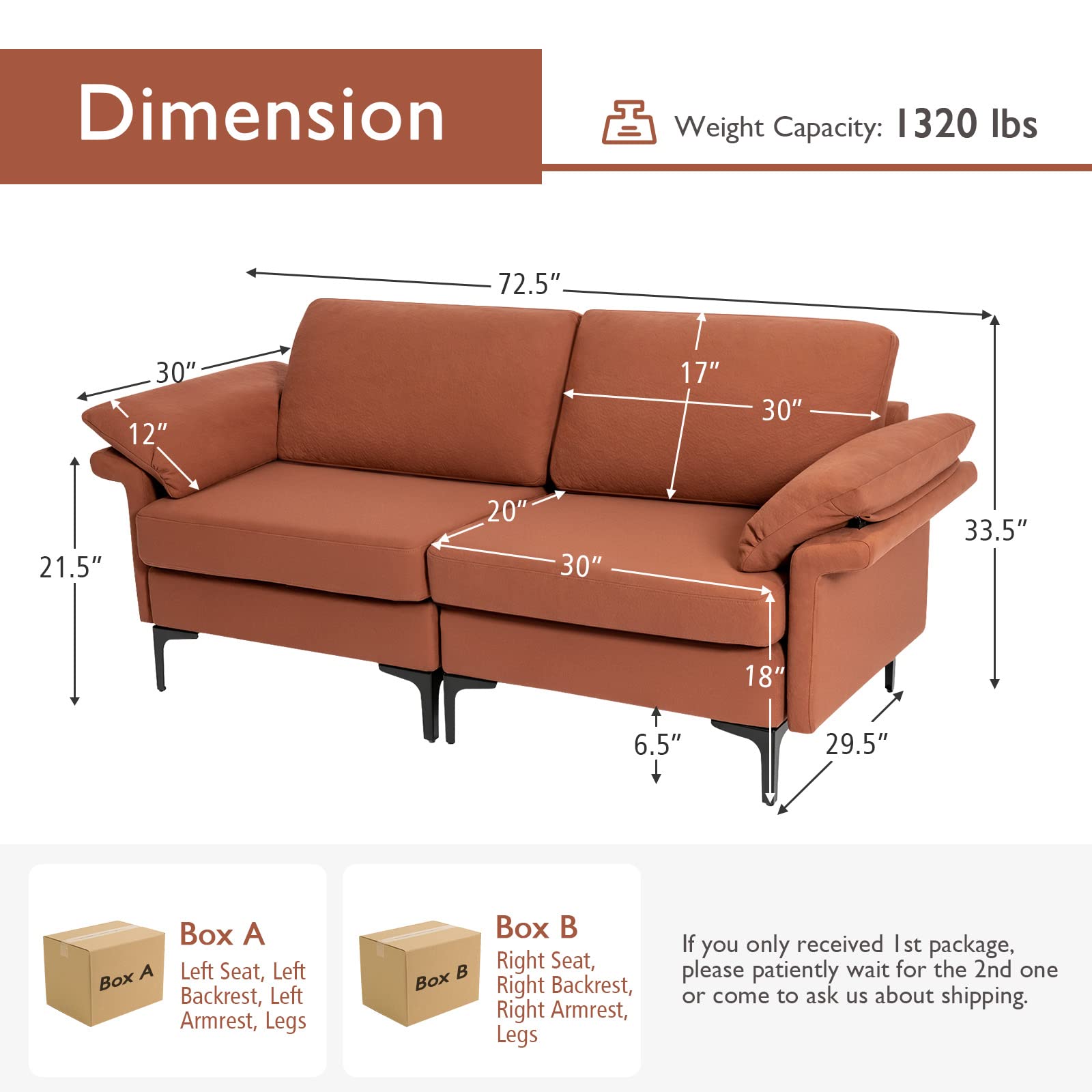 Giantex 72.5" L Loveseat, 2-Seat Sofa Couch with Removable Armrest Pillows, Metal Frame Legs, Comfy Cushions, Modern Furniture for Living Room Reception Room Office, Easy Assembly, Red