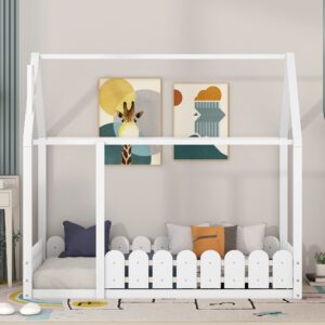 Harper & Bright Designs House Bed Twin Kids Bed Floor Bed Frame with Roof and Fence, Box Spring Needed, for Toddlers, Kids, Teens, Girls, Boys (Twin Size, White)