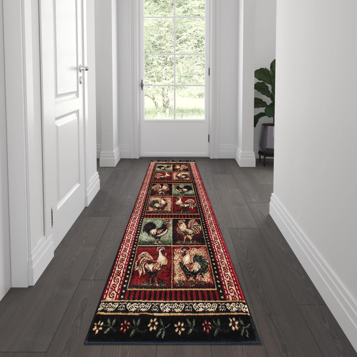 Flash Furniture Gallus Collection Rooster Themed Olefin Area Rug - Black Background - 2' x 7' - Jute Backing - Kitchen, Living Room, Bedroom