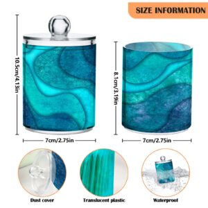 Teal Turquoise Waves Qtip Dispenser Apothecary Jars Blue Marble Texture Qtips Holder Bathroom Storage Canister Plastic Jar 10 Oz for Cotton Ball Swab Round Pads Floss 2pcs