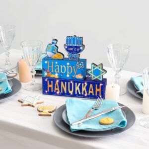 ANVAVO 5 Pieces Hanukkah Wooden Signs Happy HANUKKAH LIGHT IT UP Wooden Blocks Signs with LED Lights for Hanukkah Living Room Bedroom Tabletop Decorations