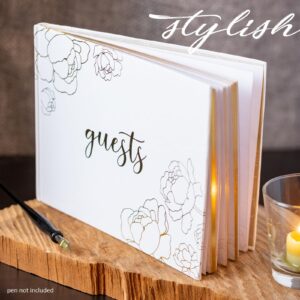 GSM Brands Wedding Guest Book, Simple Flower Bloom Line Art, 9 x 7 60 Lined Guestbook Pages, Elegant Gold Foil Embossed Design with Gold Page Edges