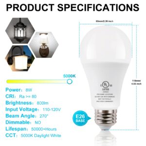 JackonLux Dusk to Dawn Light Bulbs Outdoor Automatic On/Off Sensor Bulb 8W E26 5000K Energy Saving Daylight for Porch Garage Entrance 4 Pack