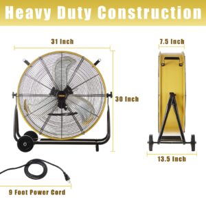 HiCFM 24" Industrial Drum Fan 8800 CFM High Velocity 3-Speed Heavy Duty Metal Air Circulator with Casters Handle for Basement Warehouse Factory workshops Patios