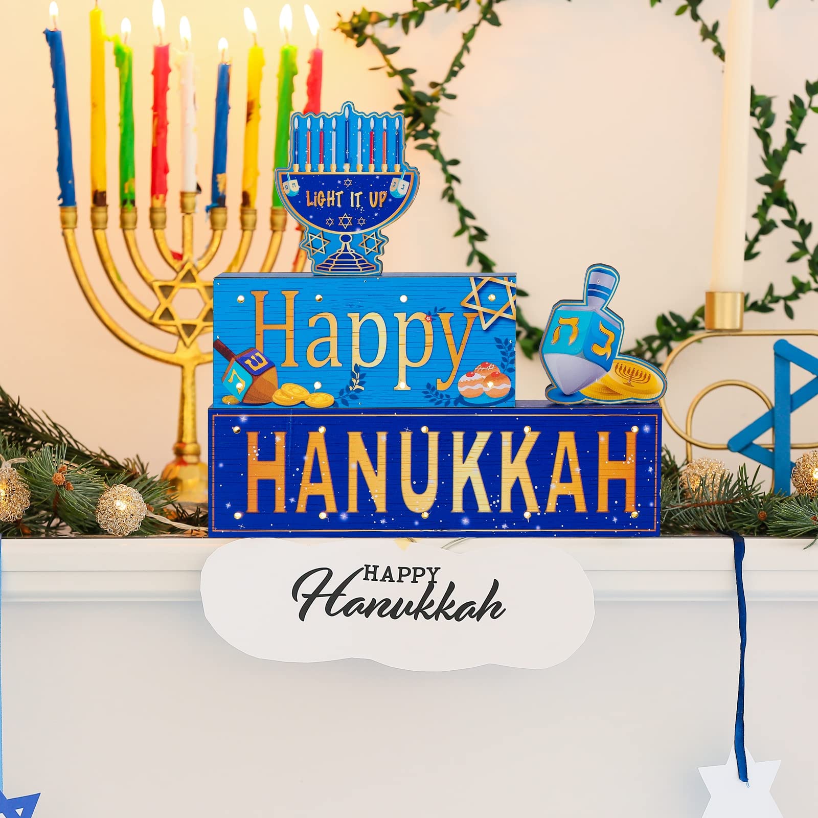 ANVAVO 5 Pieces Hanukkah Wooden Signs Happy HANUKKAH LIGHT IT UP Wooden Blocks Signs with LED Lights for Hanukkah Living Room Bedroom Tabletop Decorations