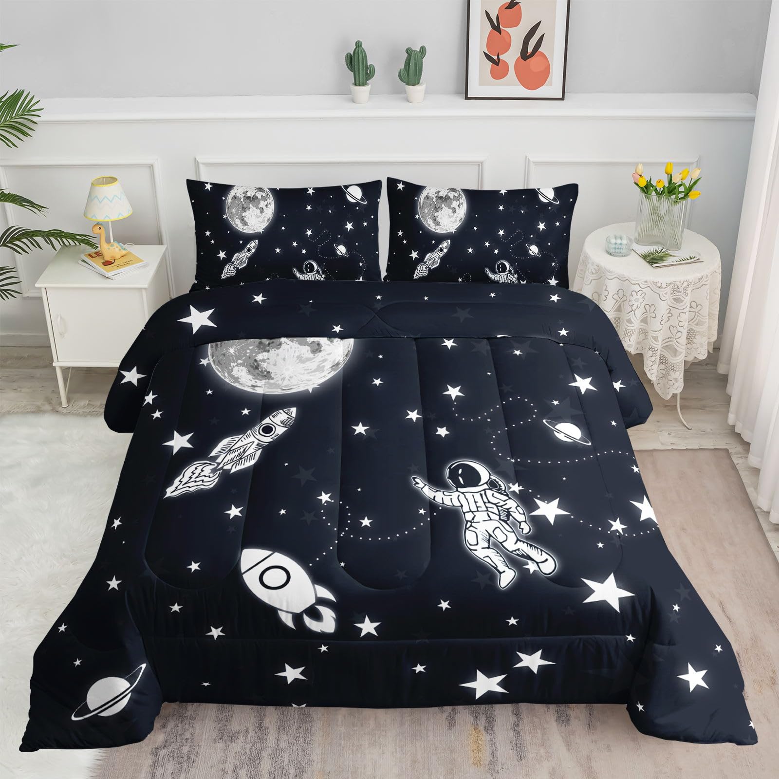 Datura home Kids Comforter Set Astronaut Space Rocket Printed Pattern Quilt Bedding Set with 1 Comforter and 2 Pillowcases for Girls Bedroom All Season(Space Rocket Full), Full 80x90inches