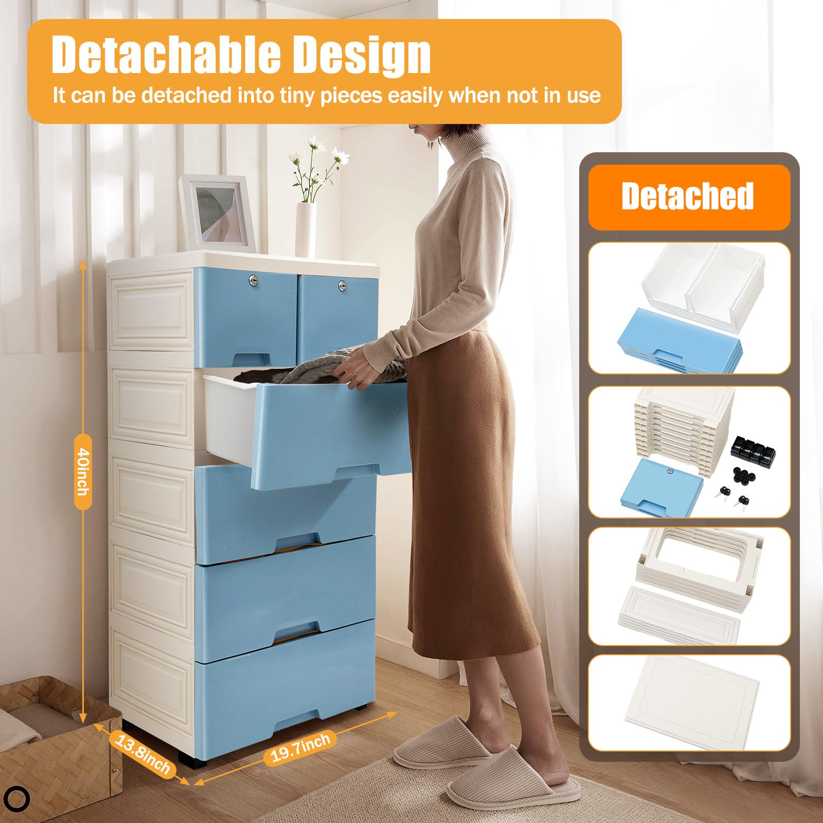 YIPONYT 6 Drawer Plastic Dresser Storage Tower Closet Organizer Unit with Keys Clothes Organizer for Bedroom, High Capacity 5 Layer Drawer Storage Cabinet on Wheels (Blue, 19.7" W x 13.8" D x 40" H)