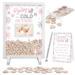 taiyin 65 pcs baby shower guest book alternative baby it's cold outside snowflake baby shower favors picture frame baby shower decors for baby shower birthday christmas(pink theme style)