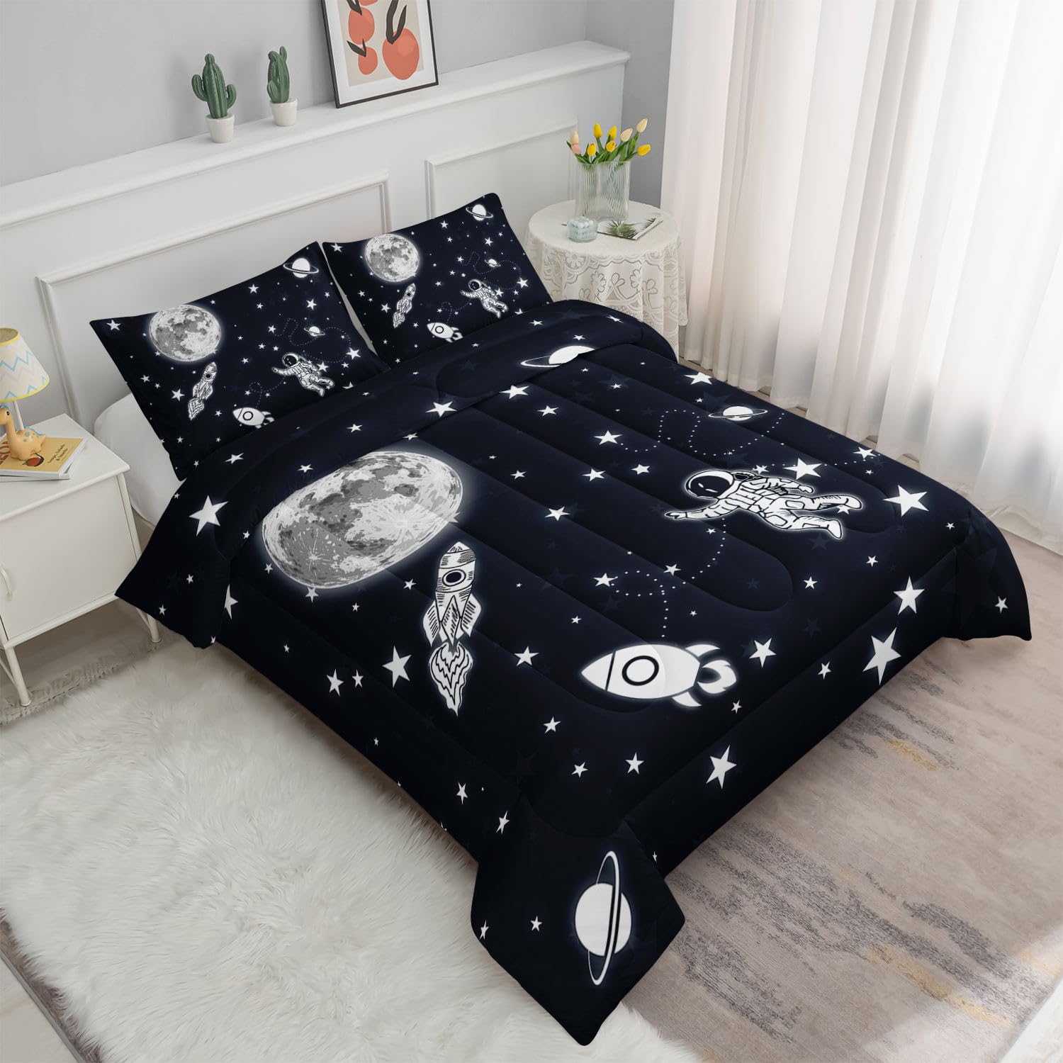 Datura home Kids Comforter Set Astronaut Space Rocket Printed Pattern Quilt Bedding Set with 1 Comforter and 2 Pillowcases for Girls Bedroom All Season(Space Rocket Full), Full 80x90inches