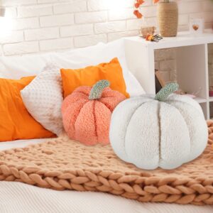 Juexica Halloween Stuffed Pumpkin Fluffy Plush Toy 3D Shaped Decorative Thanksgiving Pillow Soft Cute Throw, 11 Inch, 7 Inch(White, Orange, 2 Pcs)