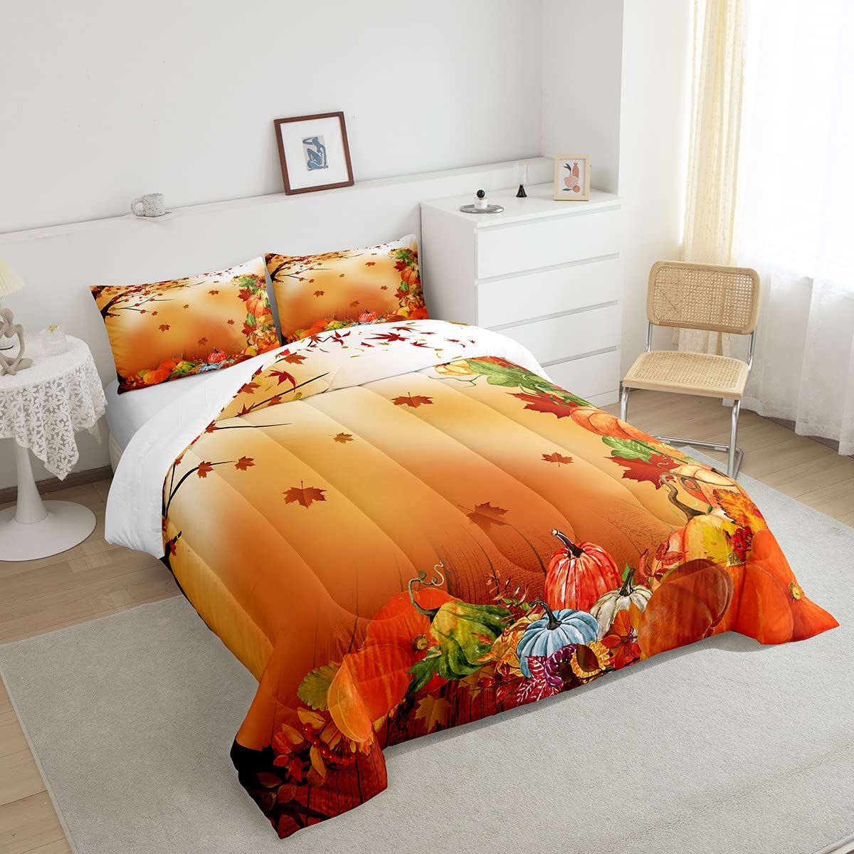 Fall Pumpkin Bedding Set Halloween Themed Comforter Set Boys Girls Maple Leaves Decor Comforter Microfiber Pumpkin Festival Duvet Set Bedroom Quilt Set Full Size