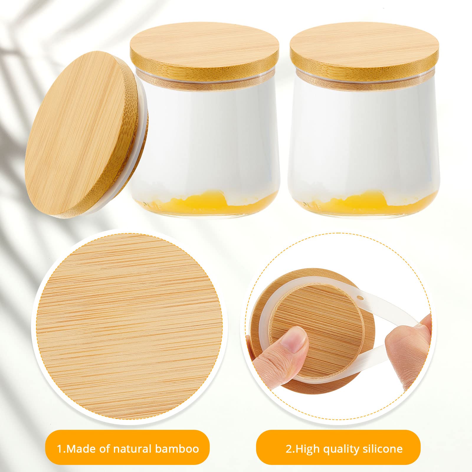 Sawysine Yogurt Jar Lids Set Reusable Bamboo Wooden Lids Round Canning Lids with Silicone Sealing Rings Compatible with Oui Yogurt Jars Jar Not Included(36 Pack)