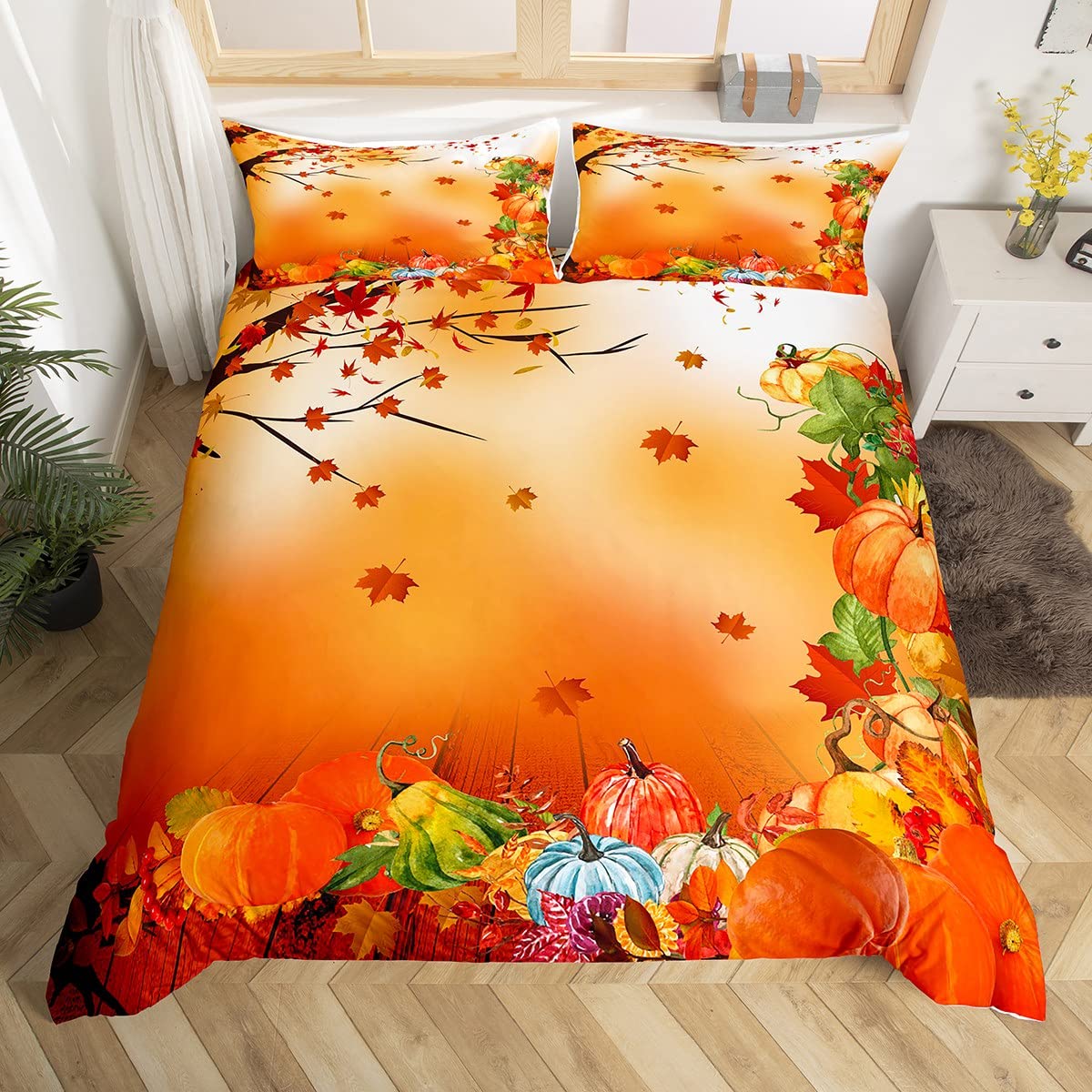 Fall Pumpkin Bedding Duvet Cover Set Halloween Themed Bedding Set Boys Girls Maple Leaves Decor Comforter Cover Set Microfiber Pumpkin Festival Bedspread Cover Bedroom Bedclothes King Size