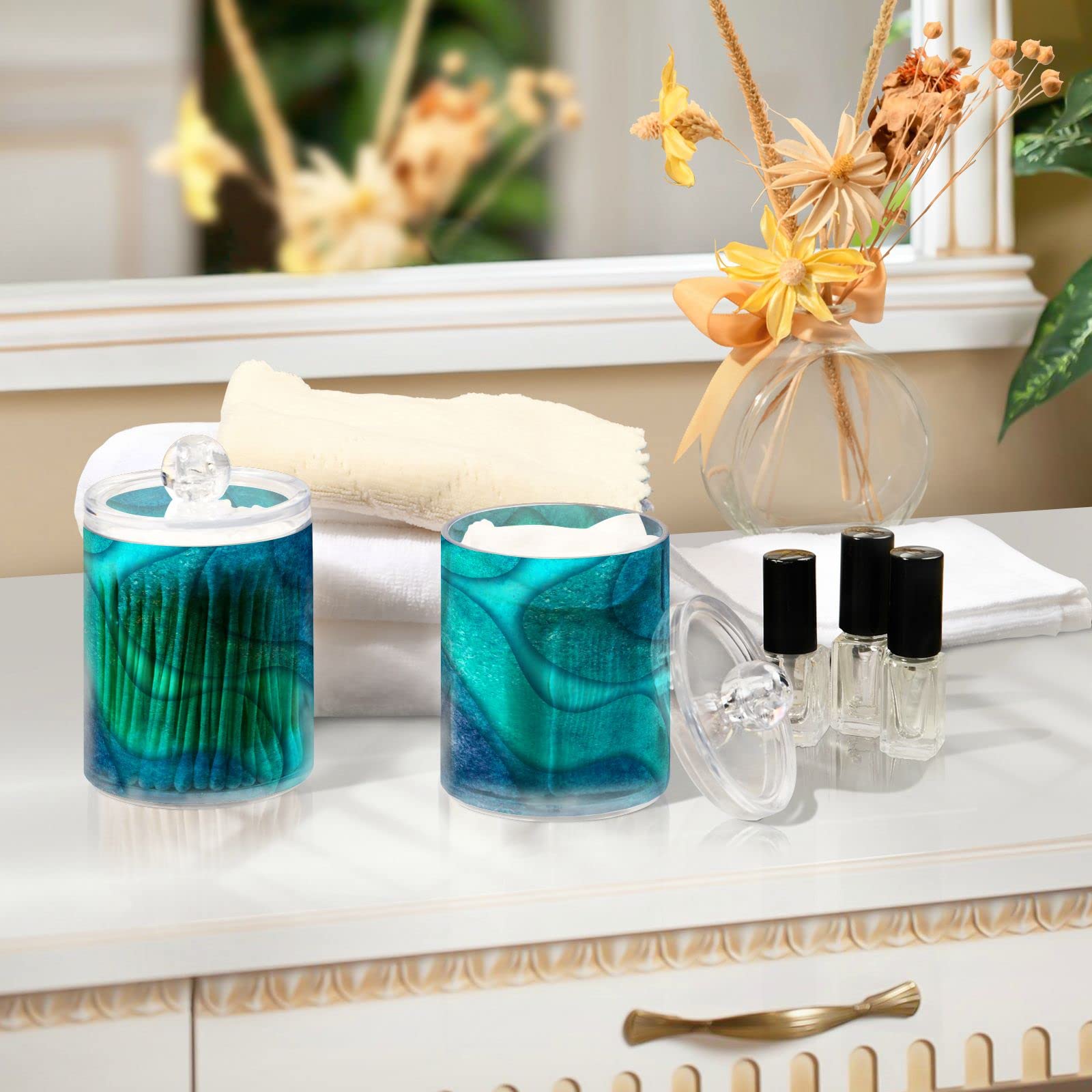 Teal Turquoise Waves Qtip Dispenser Apothecary Jars Blue Marble Texture Qtips Holder Bathroom Storage Canister Plastic Jar 10 Oz for Cotton Ball Swab Round Pads Floss 2pcs